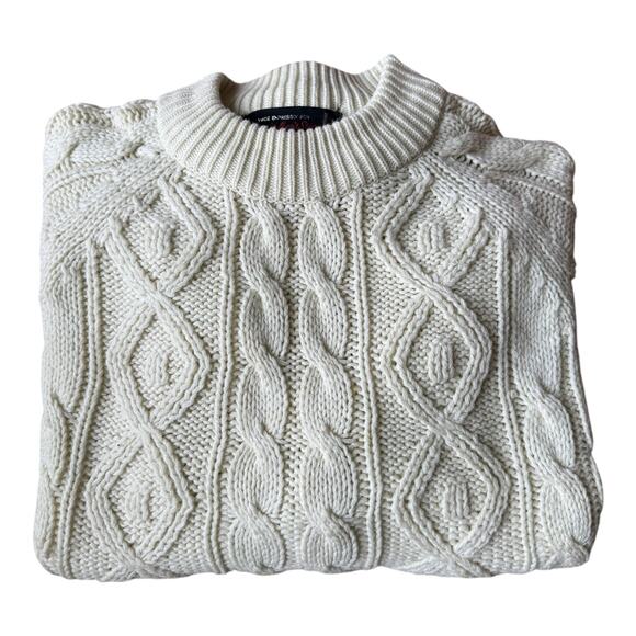 Vintage Macy’s Men’s Store Cable Knit Fisherman Sweater Cream 70s Taiwan L - Picture 2 of 14